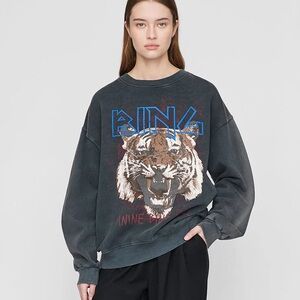 Anine Bing Charcoal Sweatshirt with Tiger Graphic